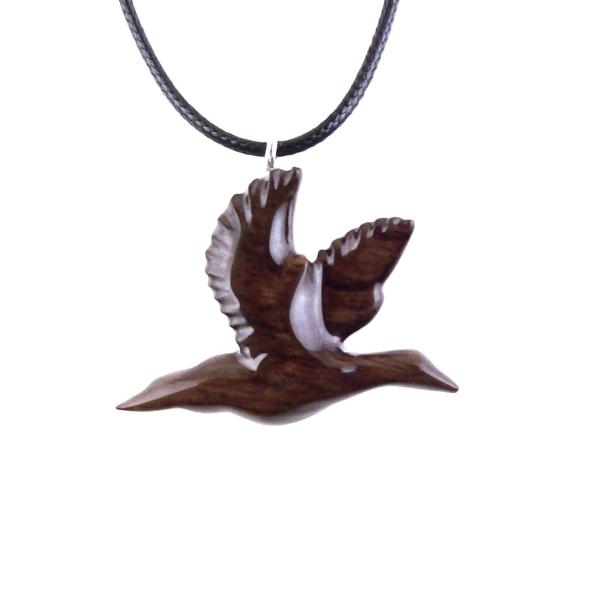 Hand Carved Wooden Duck Pendant, Mallard Duck Necklace, Flying Bird Wood Jewelry Gift
