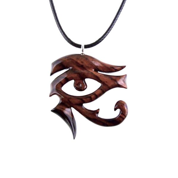 Eye of Horus Pendant Necklace, Hand Carved Wooden Egyptian Jewelry for Men or Women