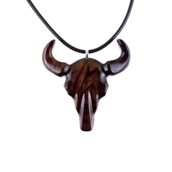 Hand Carved Bull Pendant, Wooden Bison Skull Necklace, Taurus Wood Jewelry Gift