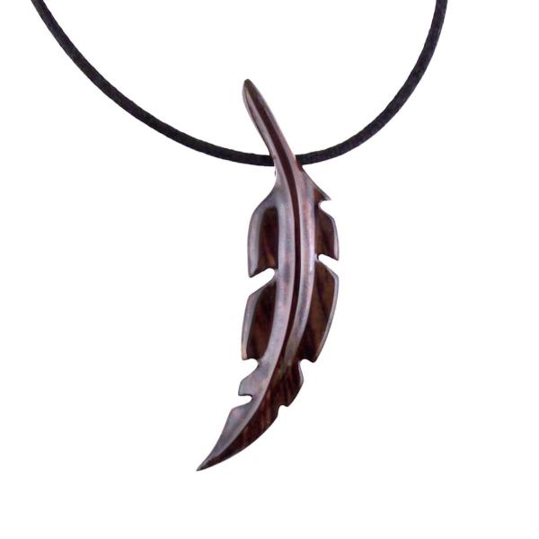 Hand Carved Feather Necklace, Wooden Feather Pendant, Mens Tribal Wood Jewelry Gift