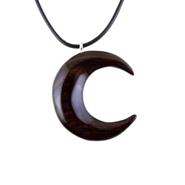 Hand Carved Wooden Crescent Moon Pendant Necklace, Handmade Celestial Wood Jewelry Gift