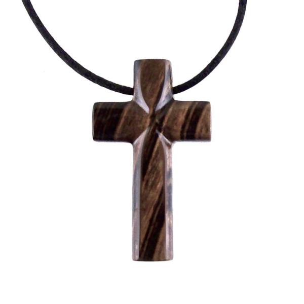 Hand Carved Wood Cross Necklace, Mens Wooden Cross Pendant in Black with Brown Streaks