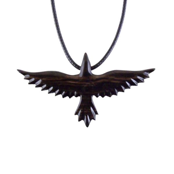 Raven Necklace, Hand Carved Wooden Crow Pendant, Bird Totem in Black with Brown Streaks