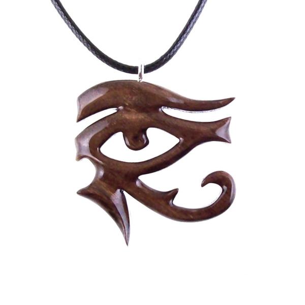 Hand Carved Eye of Horus Pendant Necklace, Wooden Egyptian Amulet, Unisex African Ra Jewelry