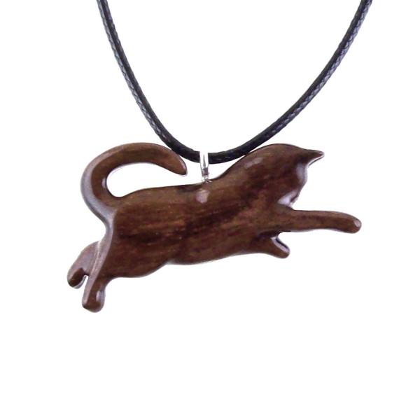Hand Carved Cat Pendant Necklace, Wooden Kitten Gift, Handmade Wood Jewelry for Men Women