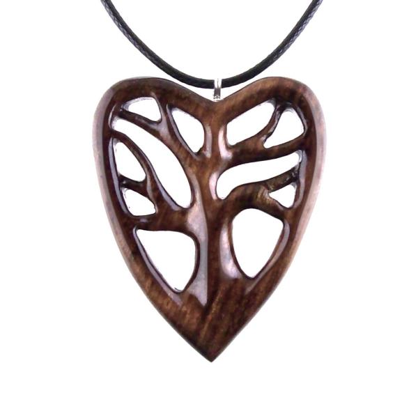Wooden Heart Pendant, Hand Carved Tree of Life Necklace, 5th Anniversary Wood Jewelry Gift