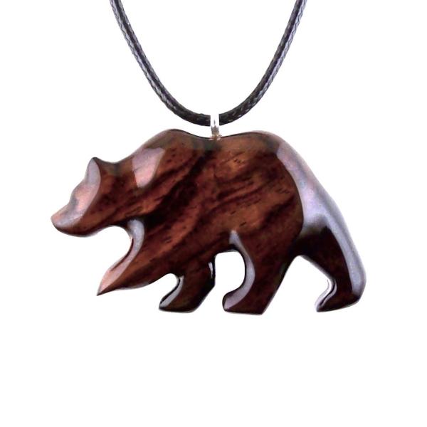 Wood Bear Necklace, Hand Carved Wooden Grizzly Bear Pendant for Men or Women, Spirit Animal Totem Jewelry Gift for Him Her