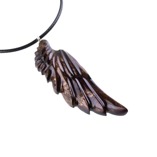Hand Carved Angel Wing Pendant, Wooden Protection Amulet Necklace, Handmade Wood Jewelry