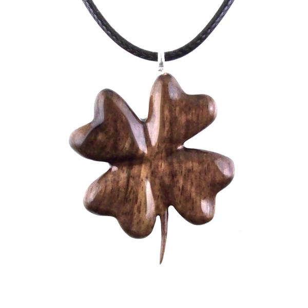 Hand Carved Four Leaf Clover Necklace, Wooden Shamrock Pendant, Lucky Charm Amulet Wood Jewelry
