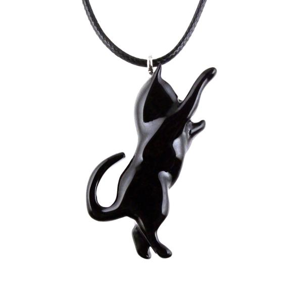 Hand Carved Black Cat Pendant, Ebony Wood Kitten Necklace, Pet Lover Gift