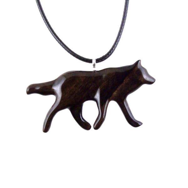 Hand Carved Coyote Necklace, Wooden Wolf Pendant, Woodland Jewelry in Brown with Black Streaks