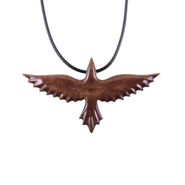 Flying Raven Necklace, Hand Carved Wooden Crow Pendant, Totem Wood Bird Jewelry