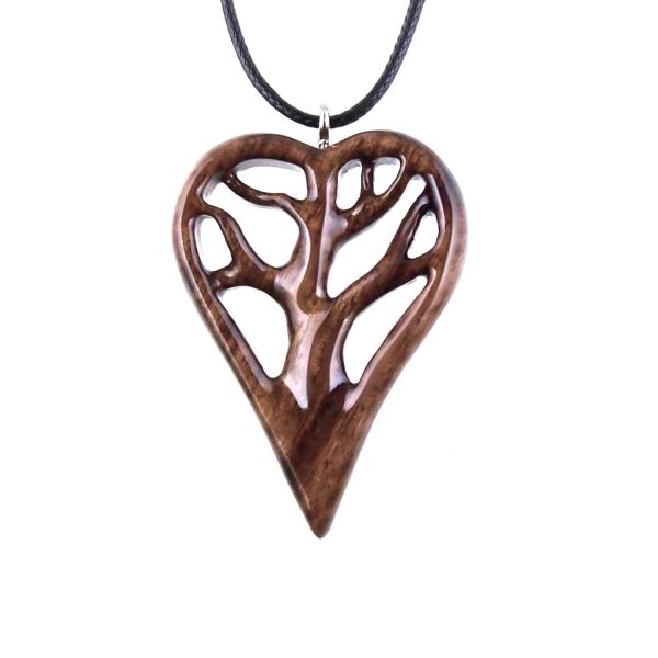 Hand-Carved Wooden Heart Pendant Necklace with Tree of Life – One-of-a-Kind 5th Anniversary Wood Gift for Her