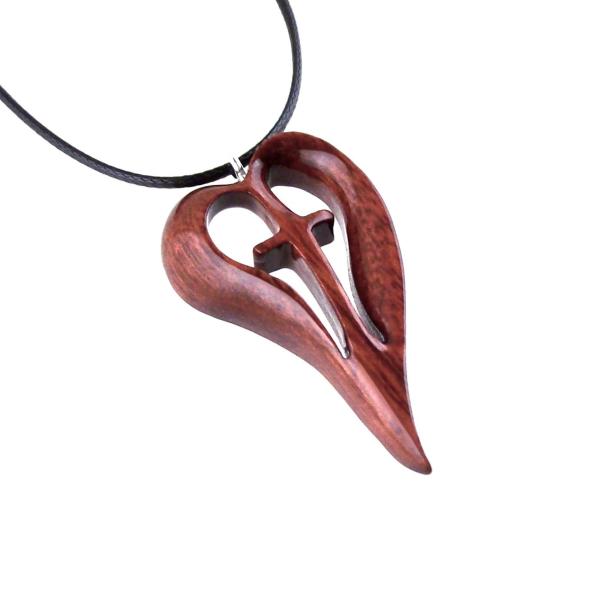 Women Cross Necklace, Hand Carved Wooden Heart Pendant, Christian Wood Jewelry Gift