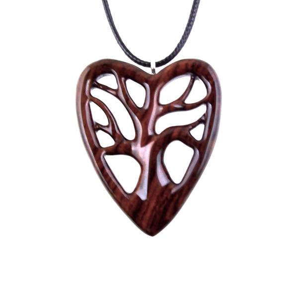 Hand Carved Wood Heart Necklace, Wooden Tree of Life Pendant, 5th Anniversary Jewelry