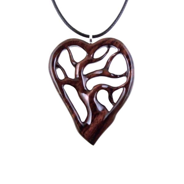 Wooden Tree of Life Pendant, Hand Carved Wood Heart Necklace, 5th Anniversary Jewelry Gift