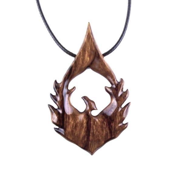 Phoenix Necklace, Hand Carved Wooden Firebird Pendant for Men or Women