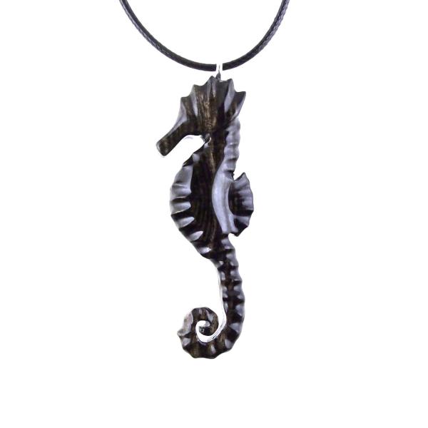 Hand Carved Wooden Seahorse Pendant Necklace for Men Women, Sea Animal Wood Jewelry Gift