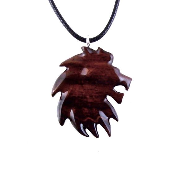 Wooden Lion Pendant, Hand Carved Lion Head Necklace, Spirit Animal Leo Jewelry Gift