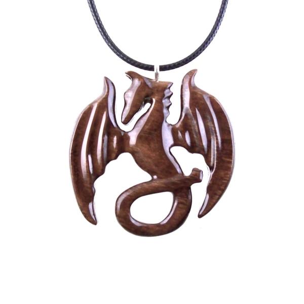 Dragon Pendant, Hand Carved Wooden Dragon Necklace, Handmade Wood Jewelry Gift for Men Women